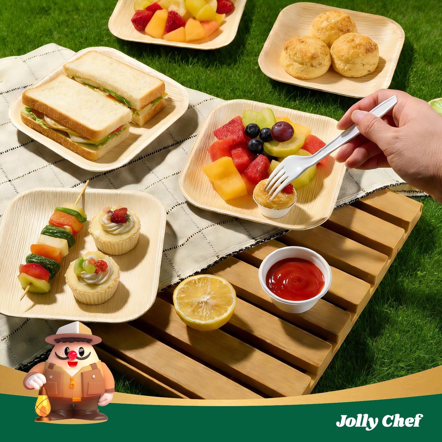 JOLLY CHEF Palm Leaf Plates, 6 Inch 100 Pack Bulk Disposable Like Bamboo Square Plates, Party Compostable Ideal for Dinner, Wedding, Party