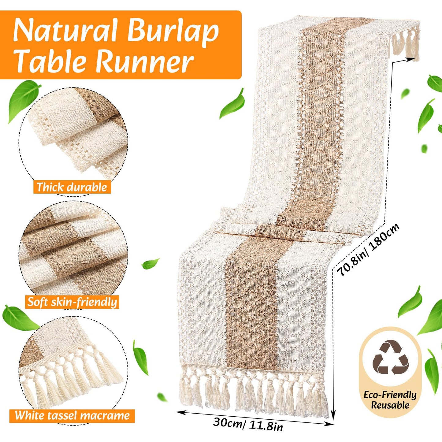 Gandeer 6 Sets Boho Decoration Placemats Round Woven Placemats, Cloth Napkins, Wood Bead Napkin Rings, Long Table Runner and Farmhouse Burlap Cotton for Table Kitchen (Khaki,12x72)