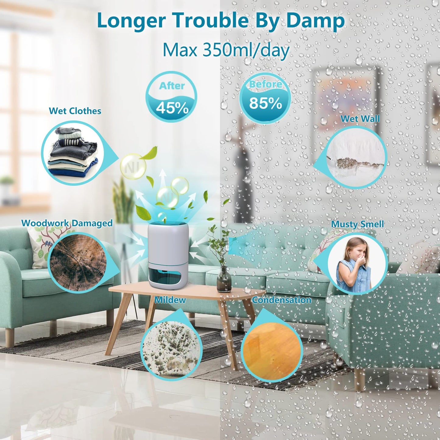 Hoomace Small Dehumidifiers for Bedroom w/Air Purifying Function, 1000 ml/35 oz for 2500 Cubic Feet (260 sq ft) with 7 Colorful LED Lights Timer Set Negative Ions Below 30 dB, Auto Shut-Down