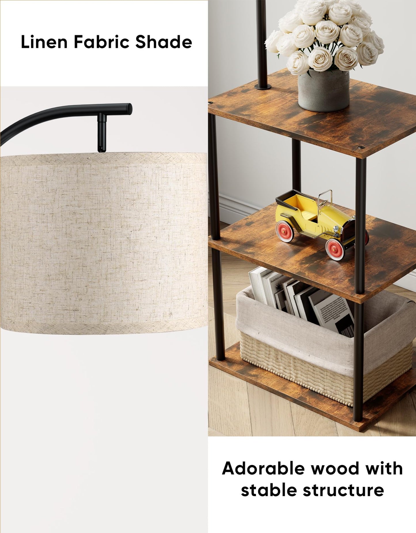 PARTPHONER Floor Lamp with Table, Night Stand with Lamp, Narrow Side Table with 3CCT LED Bulb, Small Coffee Table, Modern End Table with Storage Shelves for Living Room Bedroom Home Décor