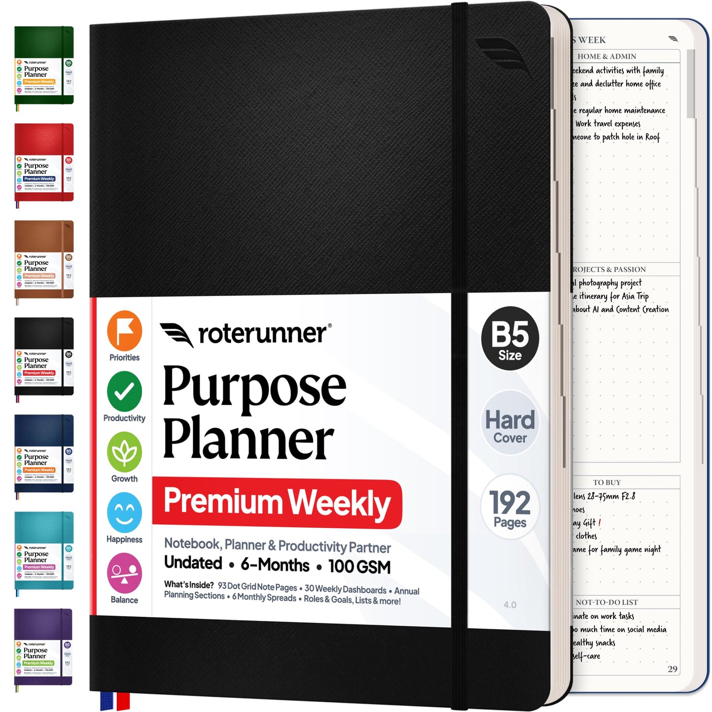 Roterunner Purpose Planner Notebook B5 7.5”x9.8” Undated 2026 Daily Weekly and Monthly Productivity Goal Setting Tool for Work Home ADHD for Adults Self Care Journal