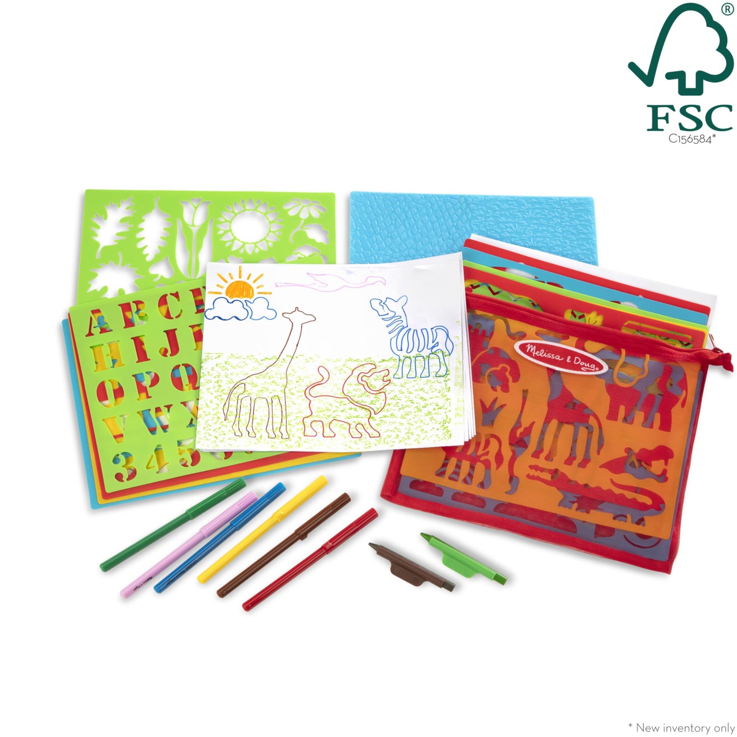 Melissa & Doug Created by Me! Stencil Art Coloring Activity Kit in Storage Pouch - 170+ Designs, 6 Markers, 2 Crayons, Paper - FSC Certified