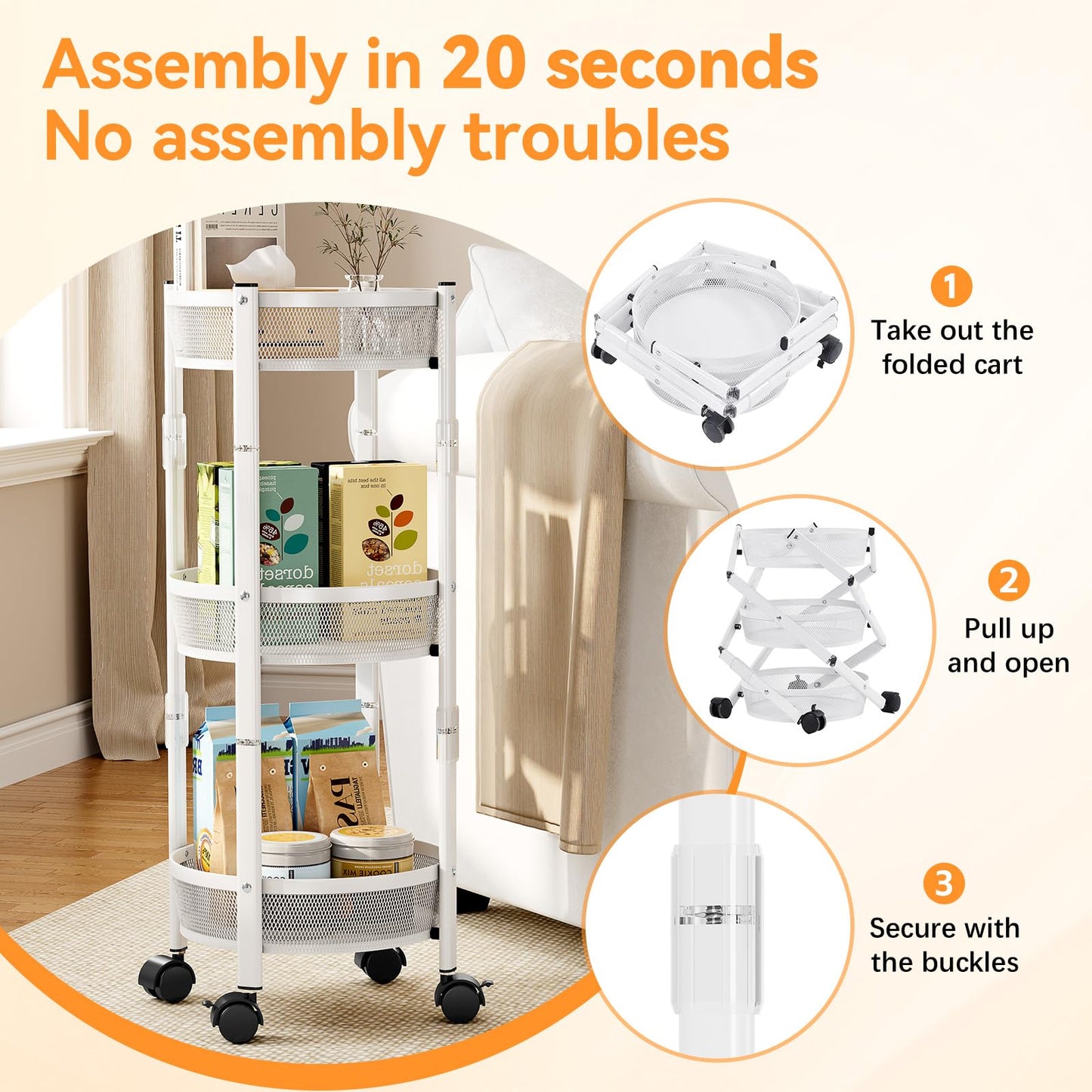 TOOLF 3-Tier Foldable Rolling Cart, Collapsible Metal Utility Cart with Wheels, No Assemble, Multifunction Storage Organizer Trolley for Kitchen, Bathroom, Dorm, Nursery, White