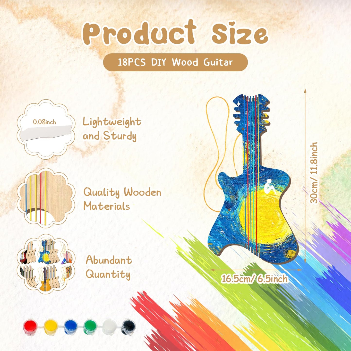 Syhood 36 Pcs 18 Sets DIY Wood Guitar for Kids (6 Difference Designs) with Pigments (6 Colors), Christmas Kids Gift for Boys Girls Crafts Art Birthday Class Party Music Theme Party(Trendy Style)