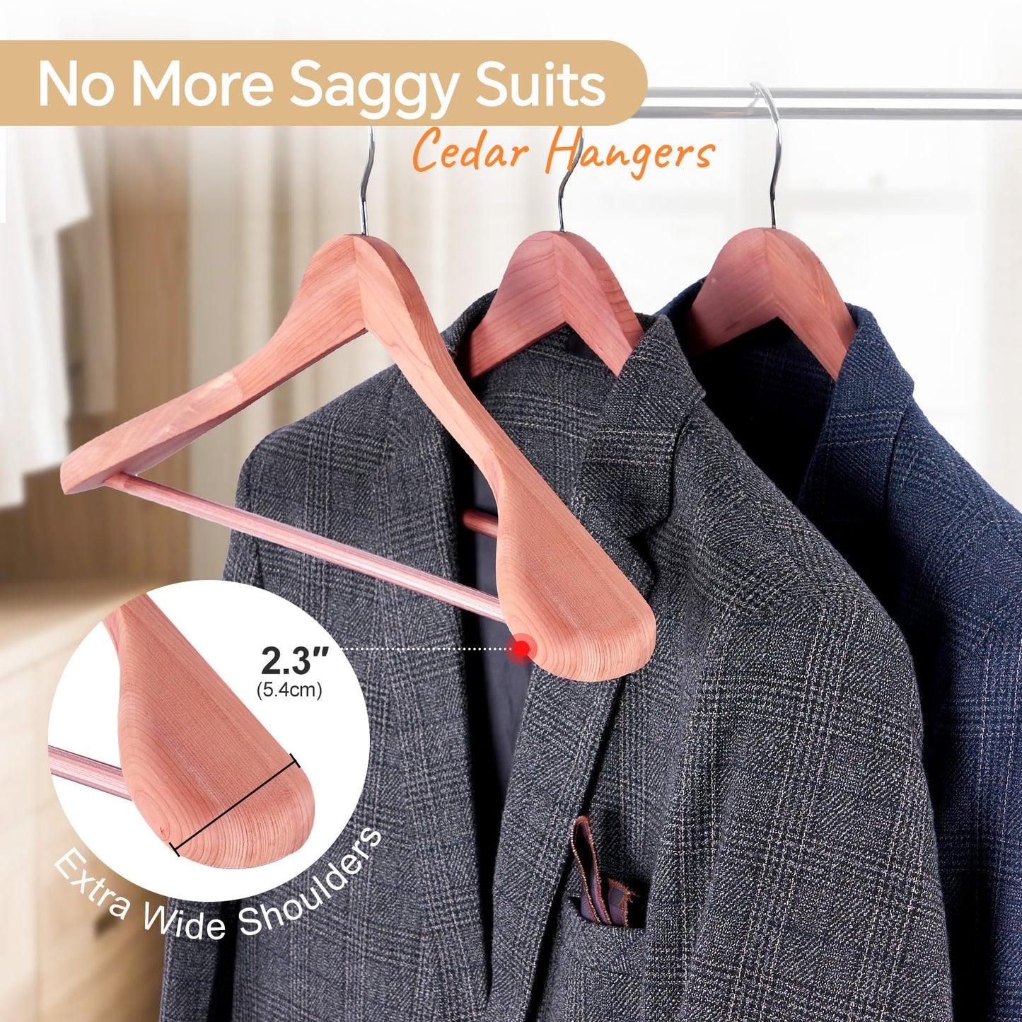 HOUSE DAY Wide Shoulder Cedar Hangers for Suits and Coats with Non Slip Pant Bar,360° Swivel Hook, Smooth Finish Cedar Wood Hangers for Closet, Closet Essentials, 10 Pack