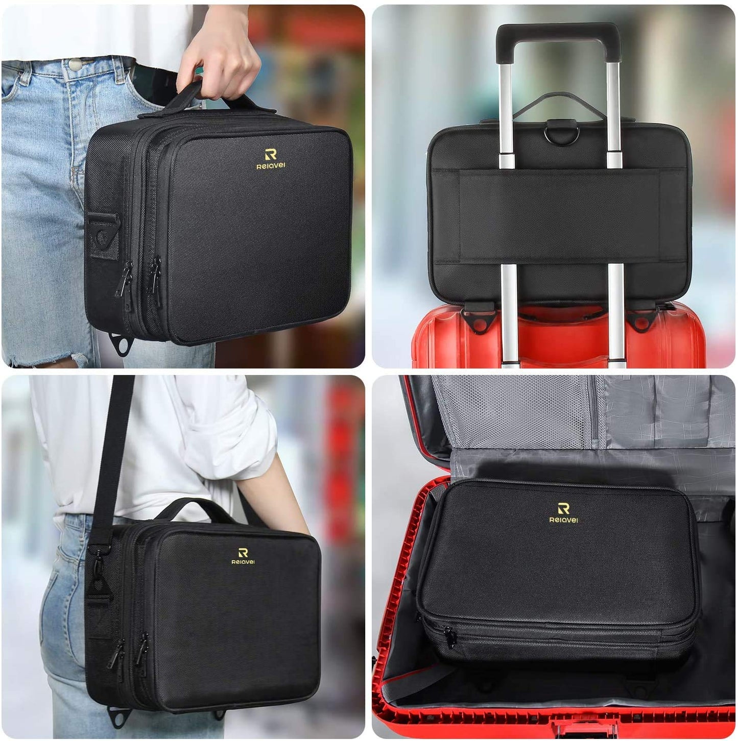 Relavel Travel Makeup Train Case Makeup Cosmetic Case Organizer Portable Artist Storage Bag with Adjustable Dividers for Cosmetics Makeup Brushes Toiletry (medium black)
