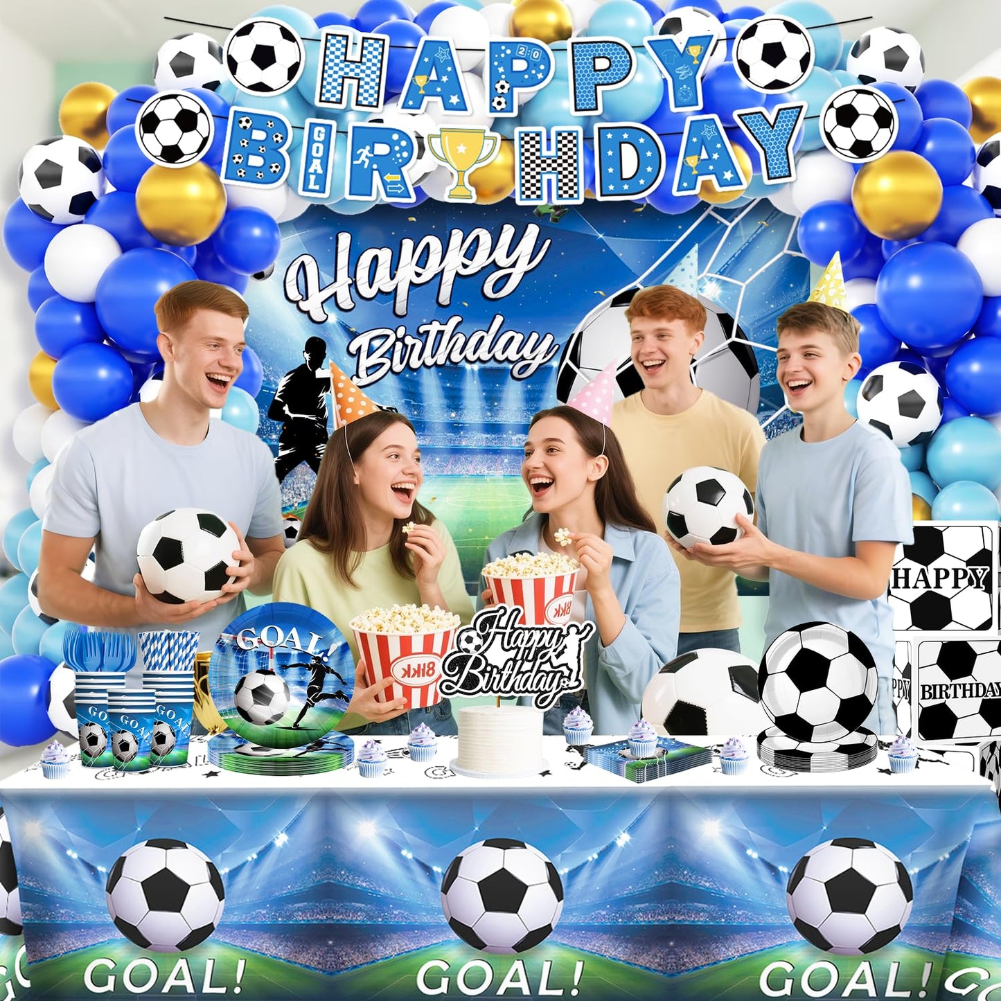 Soccer Birthday Party Decorations, All-in-1 Supplies Pack, Includes Plates and Napkins, Backdrop, Tablecloth, Balloon Kit for Blue Soccer Theme Party Decorations