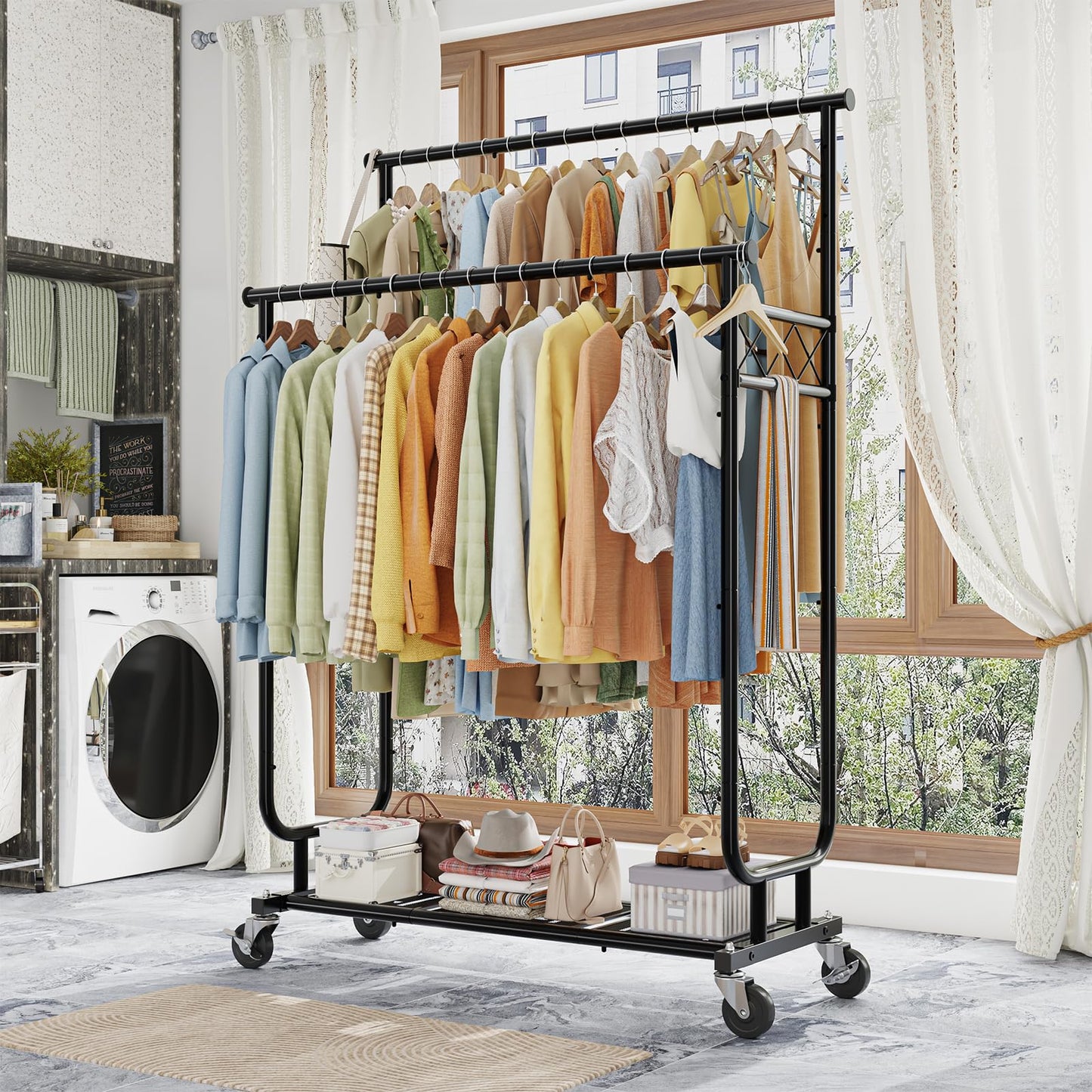 Ekisemio Heavy Duty Clothes Rack, Rolling Clothing Rack With Shelves Load 450 LBS, Double Rod Clothing Racks with Wheels for Hanging Clothes, Black