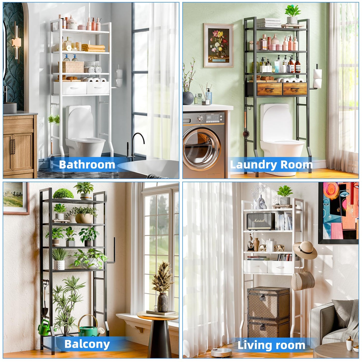 Simple Trending 4 Tier Over The Toilet Storage with Drawers, Heavy Duty Bathroom Stand Organizer Metal Shelves for Laundry, White