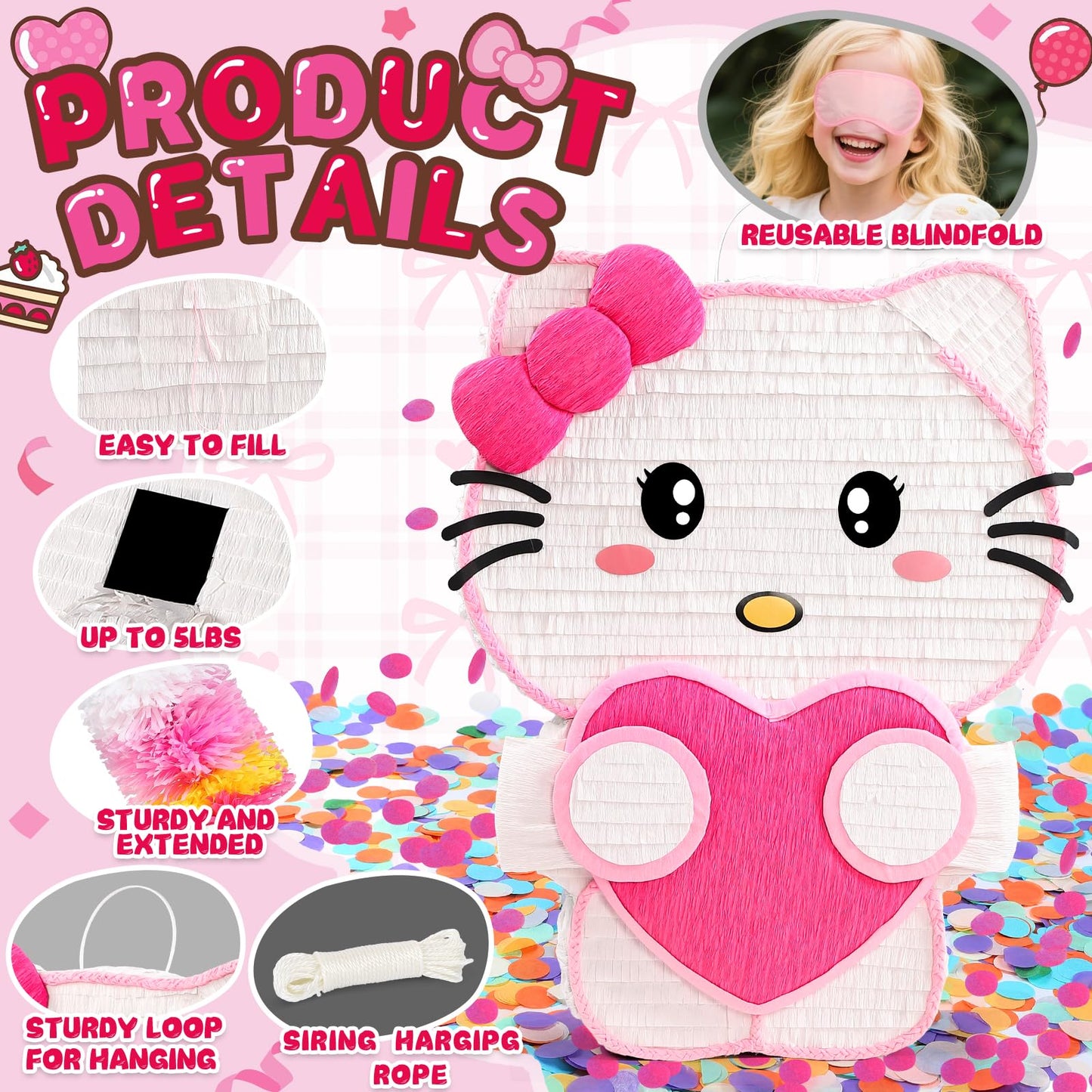 21" Pinata for Birthday Party - 3D Pink Large Piñata, 24" Bat Stick, Eye Mask, Rope - Cute Love Heart Design, Large Party Decoration & Candy Holder for Girls Kids Theme Party, Room Decor & Centerpiece