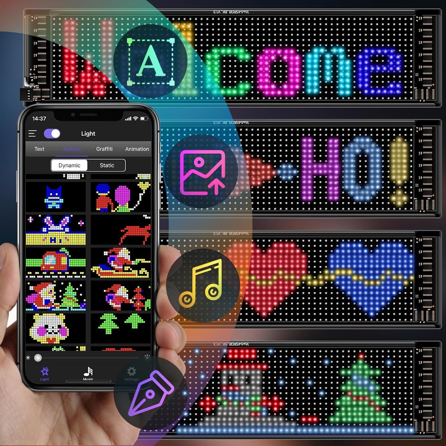 SAOJAY Scrolling LED Sign for Car, Flexible USB 5V LED Car Sign Bluetooth App Control Programmable Text/Animation for Cars/Taxis/Stores, Indoor/Outdoo (19''x5'')
