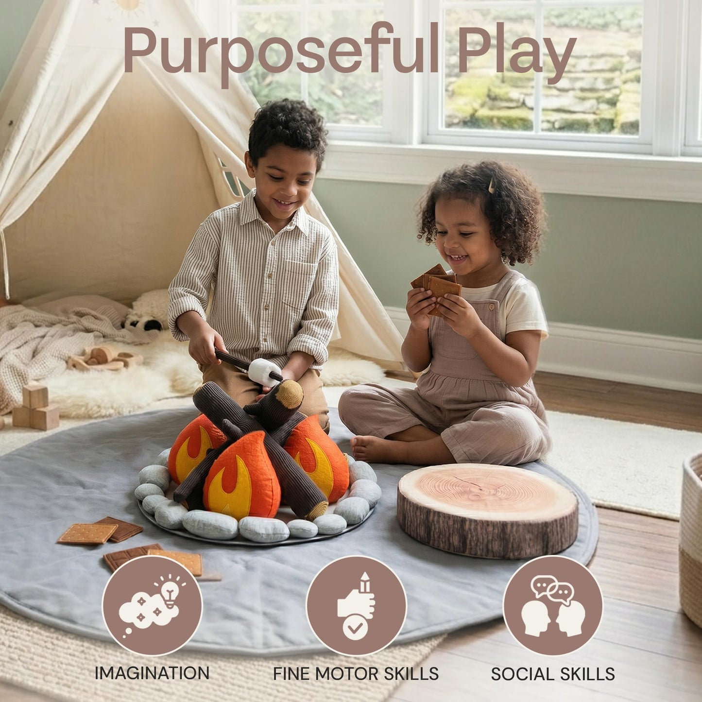 Pretend Campfire Set for Kids with S'Mores Kit & Wood Log Pillow. Soft, Safe & Durable Toy Campfire for Pretend Play & Sensory Play. Plush Felt Kids Campfire Playset for Age 3+