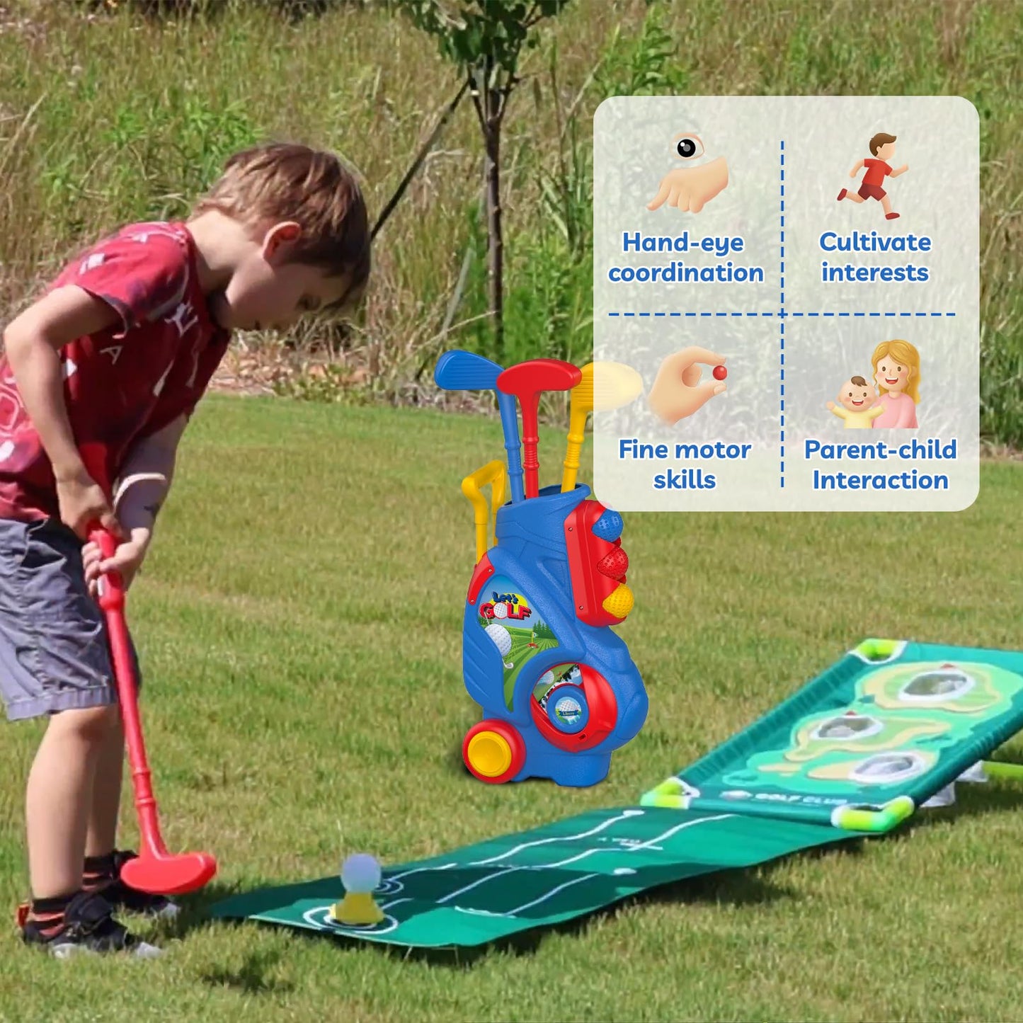Liberry Toddler Golf Set for 2 3 4 Years Old Boys Girls, Upgraded Kids Golf Cart with Cornhole Board & Putting Mat, Indoor and Outdoor Sports Toys Birthday Gift