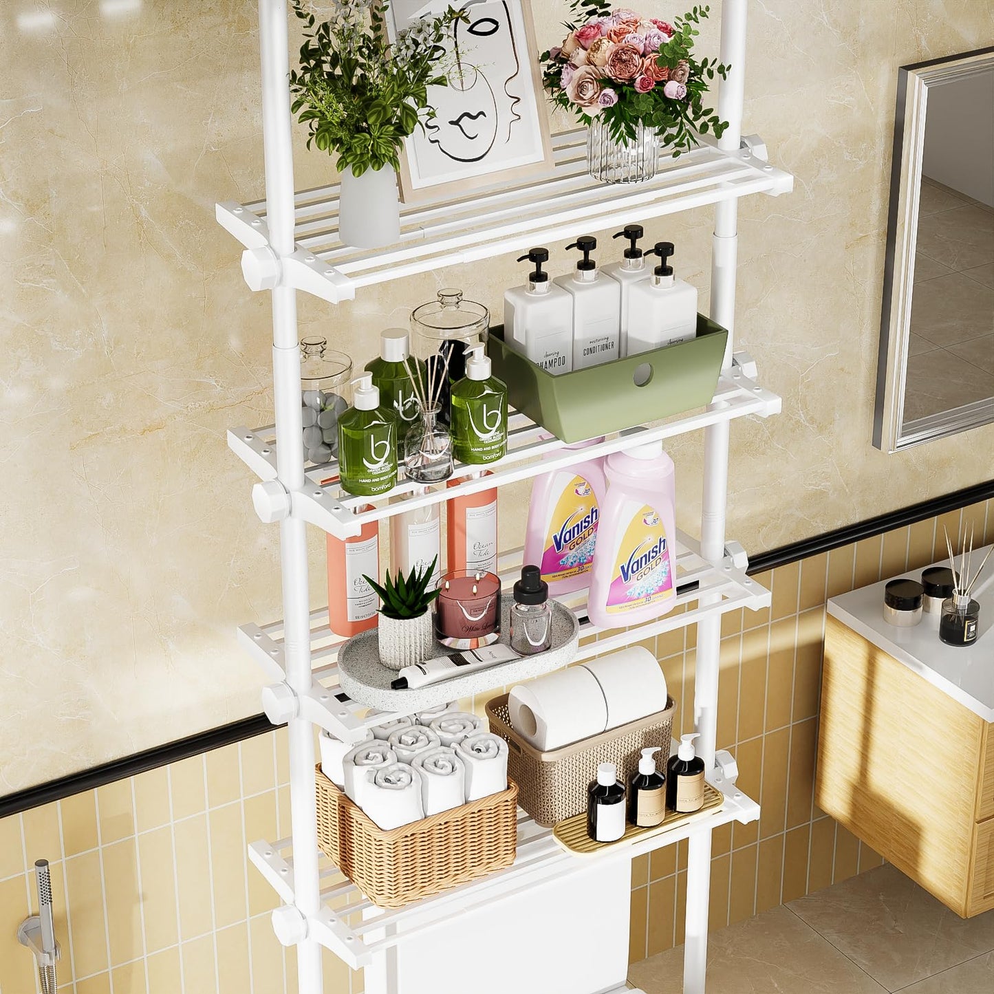 Bonpally Over The Toilet Storage Shelf, 4-Tier Adjustable Bathroom Organizer, No Drill Tension Mounted Shelves Metal, Space-Saving Bathroom Cabinet Rack Above Toilet for Small Bathroom Rooms, White