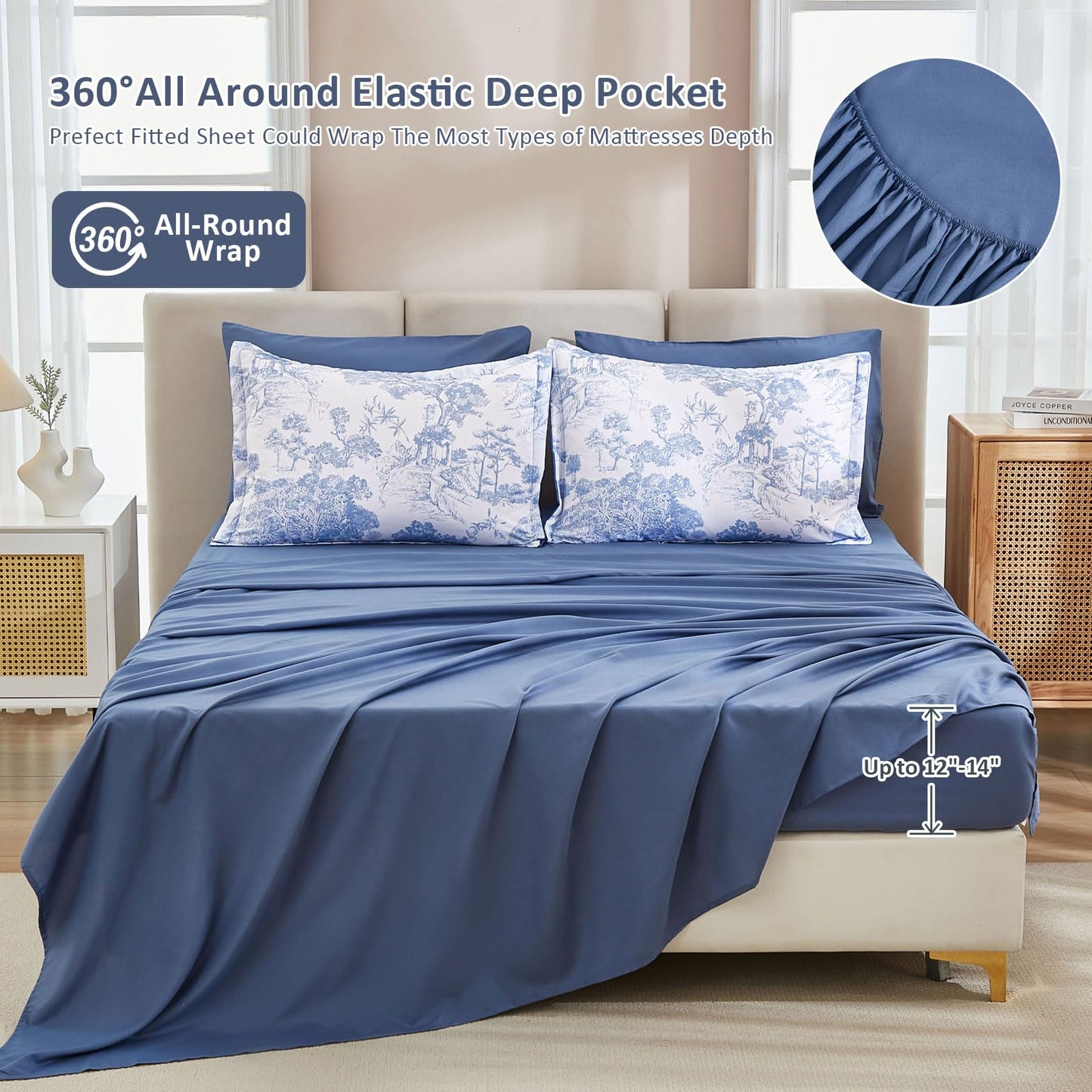 DJY Blue Comforter Set Queen, 7 Pieces Bed in a Bag Queen Size Botanical Comforters with Sheets Elegant Plants Print Soft Microfiber Reversible Complete Bedding Sets for All Season