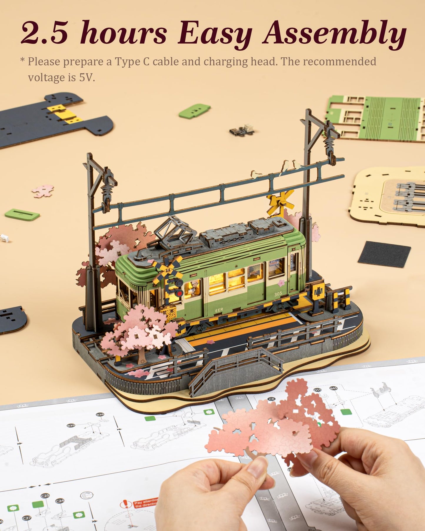 ROBOTIME 3D Puzzles for Adults DIY Model Building Toy with LED Light Wooden Craft Kits Diorama Tram Hobby for Brain Teaser Gift (Sakura Journey)