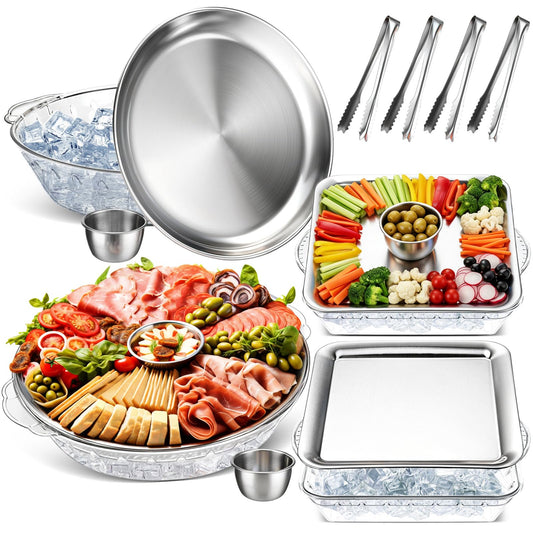 Baderke 4 Set 11.8" + 9" Chilled Serving Tray for Parties with Compartments Ice Chilled Party Platter Charcuterie Serving Board 1.7 oz Dipping Bowls with Tongs for Fruit Seafood Vegetable (Natural)