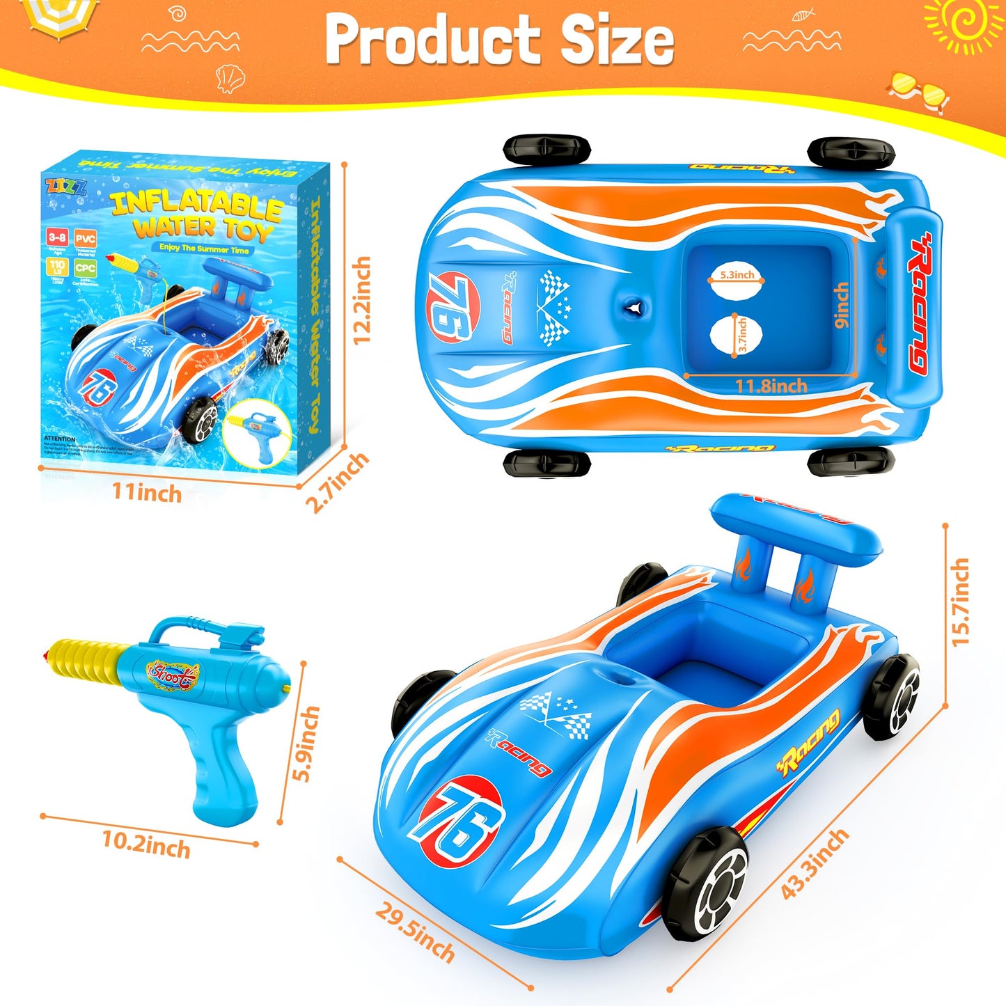 ZIZZ Pool Floats Kids Toys with Water Gun - Inflatable Ride-on Pool Toys for Kids Ages 4-8 Race Car Toddlers Pool Float Summer Outdoor Swimming Pool Toys Games for Boys Girls Fun Summer Water Toys