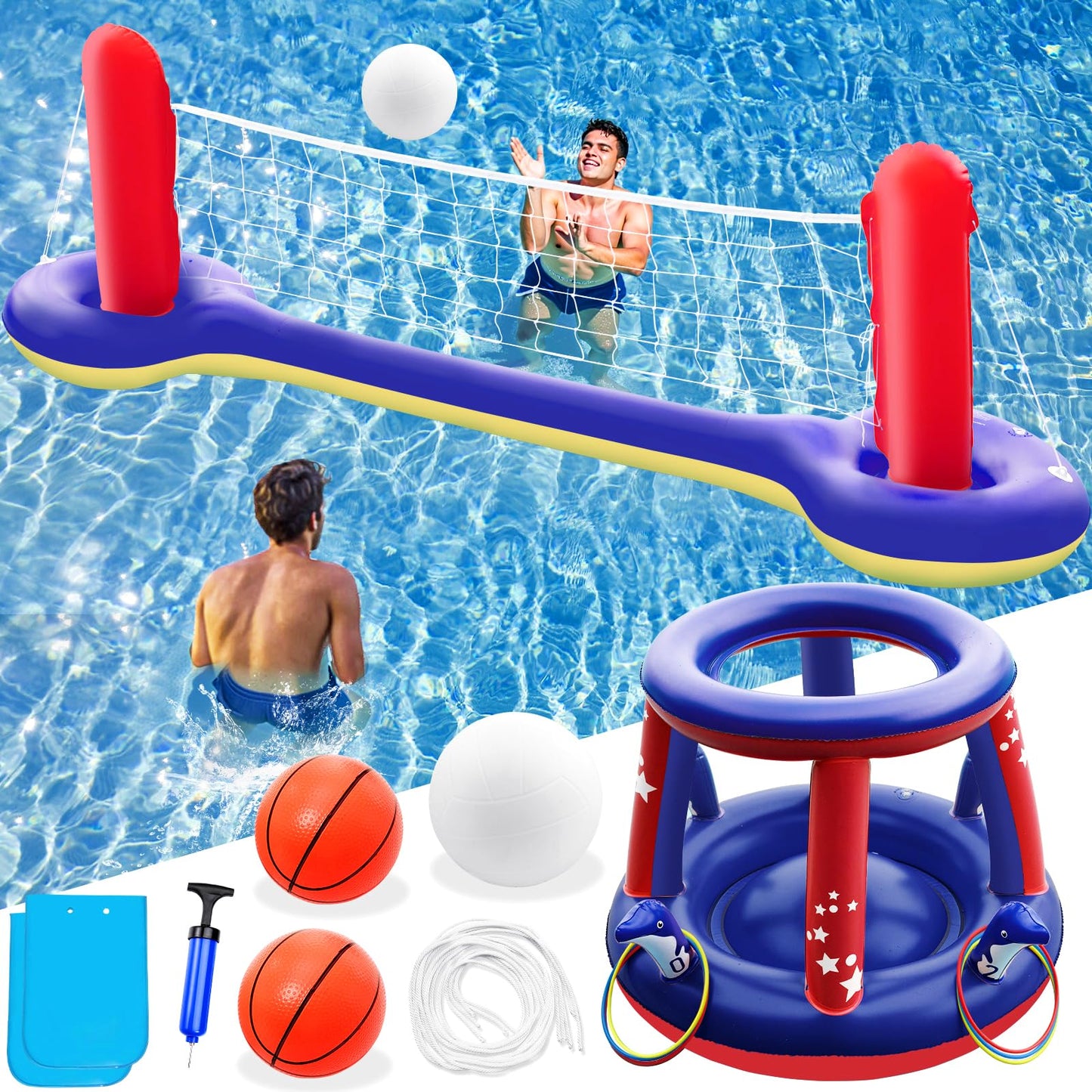 Jasonwell Pool Toys Games Set - 3 in 1 Pool Volleyball Net Basketball Hoop Ring Toss Game Inflatable Floats Water Floating Volleyball Swimming Pools Games Party Gift for Kids Adults (Red&Blue, L)