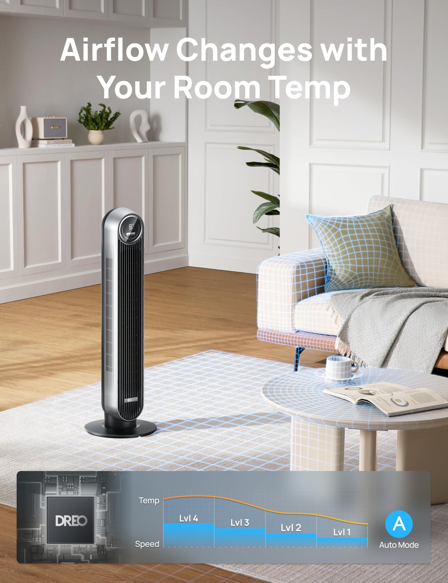 DREO Bladeless Tower Fan - 25ft/s, 4 Speeds, 4 Modes, 90° Oscillation, 8H Timer, Ultra Quiet for Bedroom, Indoors, Silver (Tower Fan 307)