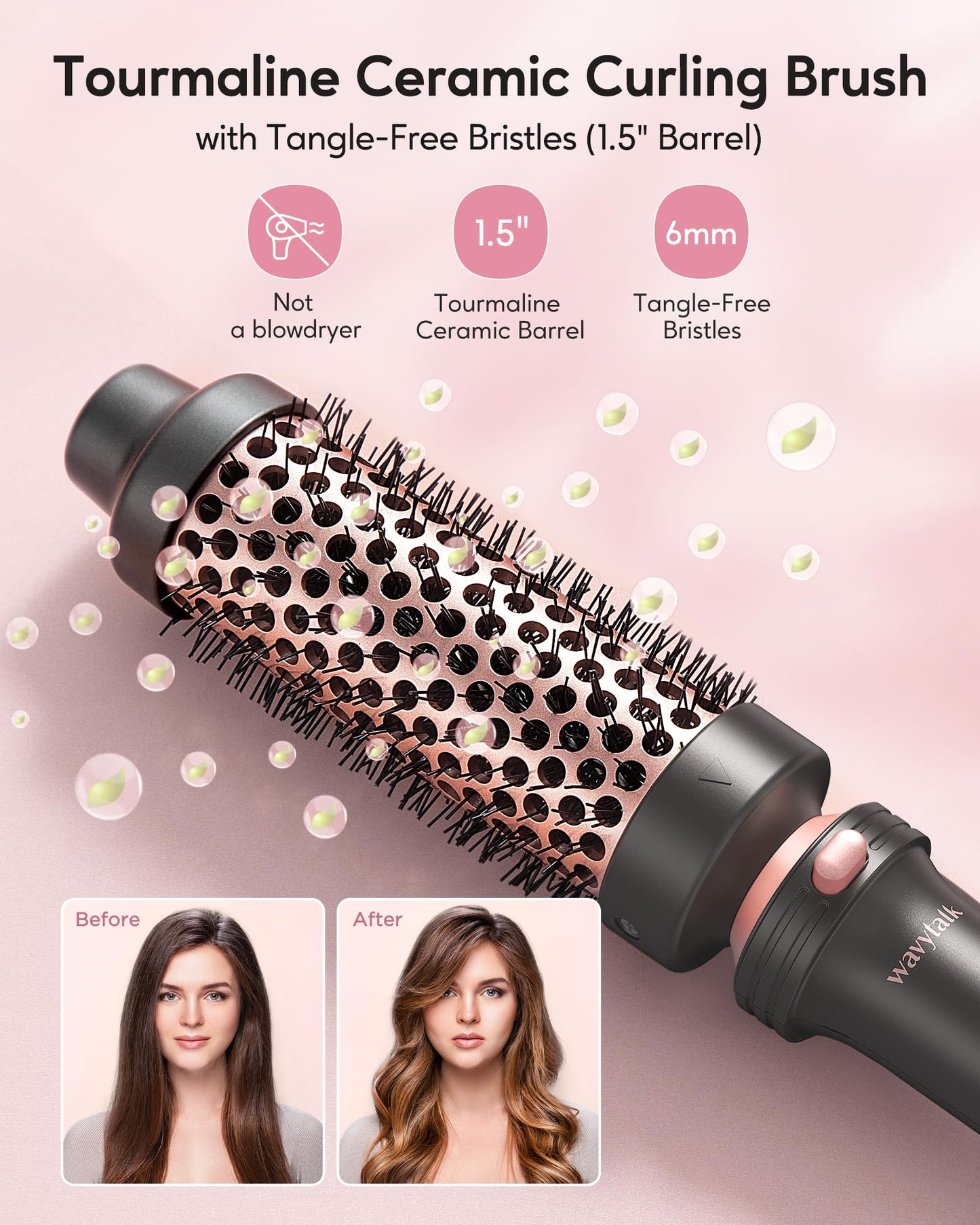 Wavytalk Thermal Brush, Heated Round Brush, 1 1/2 inch Blowout Brush with Detachable Brush Head, Thermal Round Brush Dual Voltage for Travel, Rose Gold