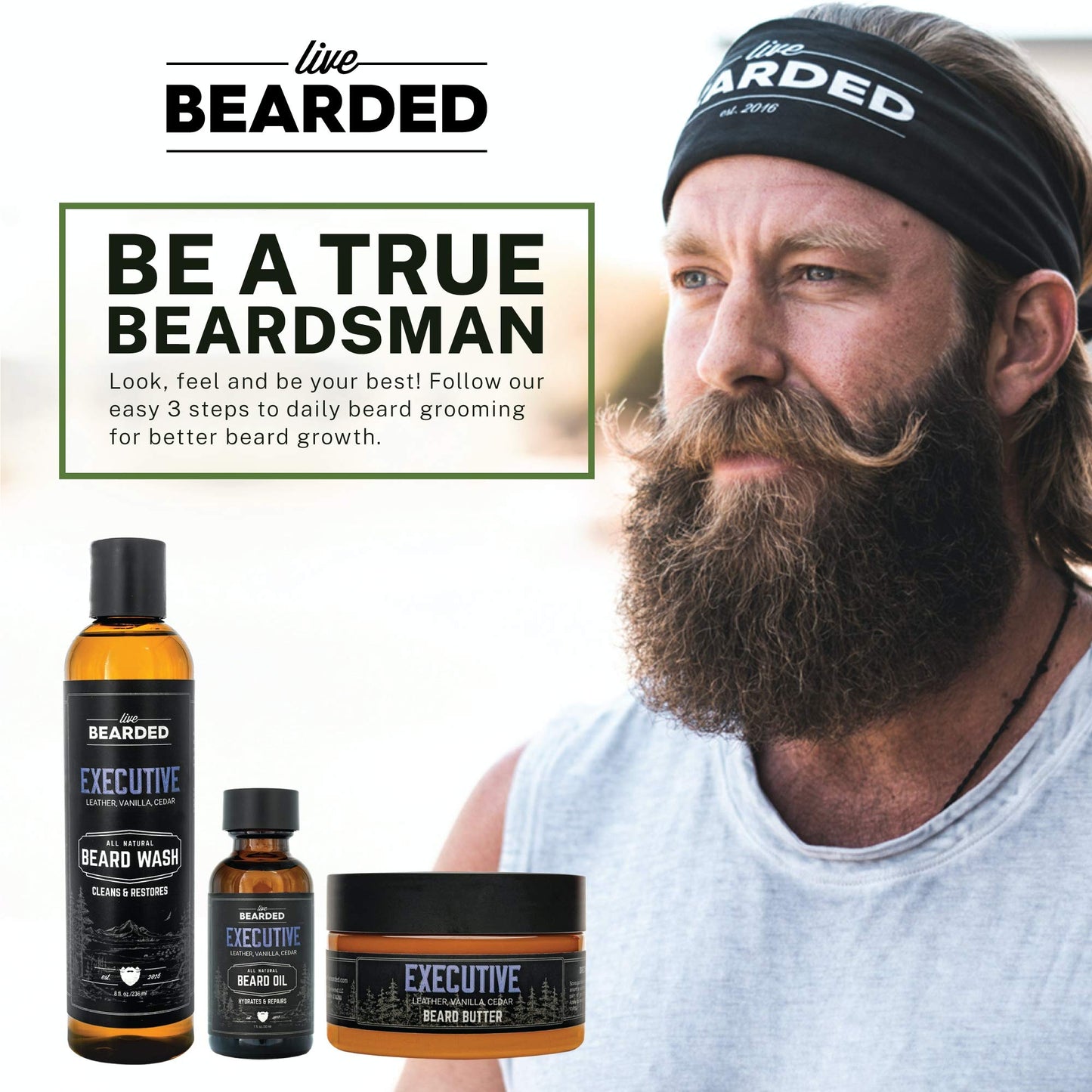 Live Bearded 3-Step Beard Grooming Kit - Wash, Oil and Butter - Made in the USA - All-Natural Ingredients with Shea, Jojoba - Growth Support | Legend Scent - Sandalwood, Vanilla