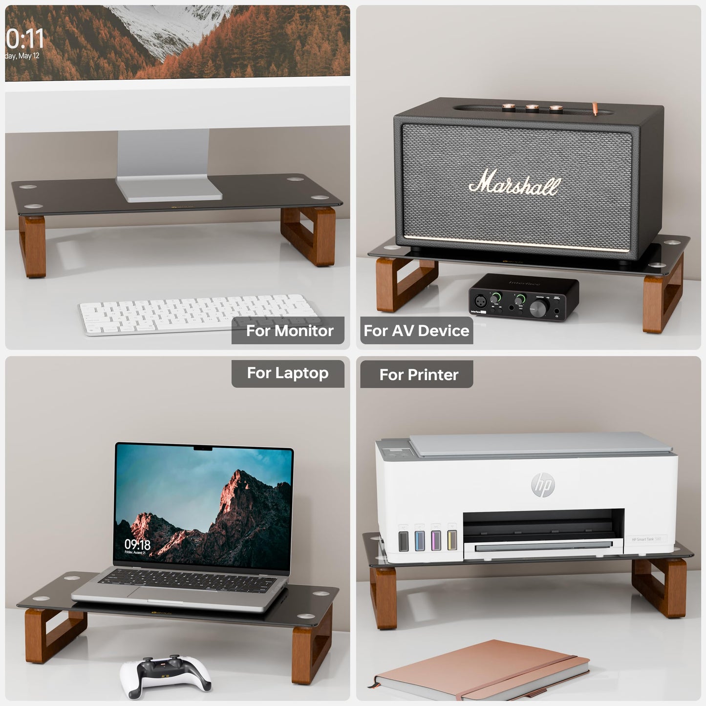 YEOUX Black Glass Computer Monitor Stand Riser with Wooden Base for Flat Screen LCD, LED TV, Laptop, Printer, Multi Media Desktop Stand, Office Supplies Desk Organization
