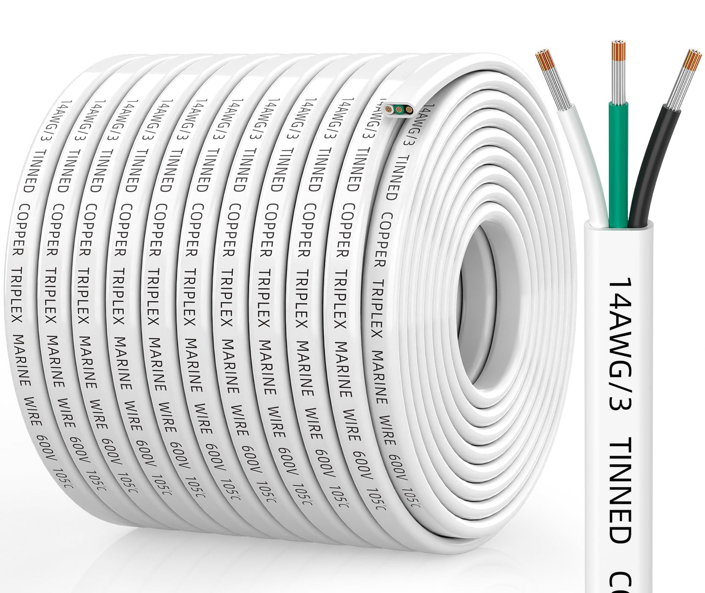 CONEPY 14 Gauge Marine Wire, 14/3 Triplex Marine Grade Cable, IP68 Waterproof/Oxygen-Free Tinned Copper Stranded PVC 14 AWG Wire for Boat, Automotive, RV, Solar, LED Strips (100FT)