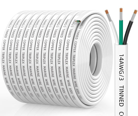 CONEPY 14 Gauge Marine Wire, 14/3 Triplex Marine Grade Cable, IP68 Waterproof/Oxygen-Free Tinned Copper Stranded PVC 14 AWG Wire for Boat, Automotive, RV, Solar, LED Strips (100FT)