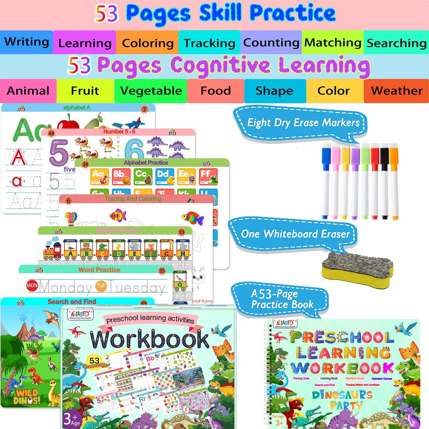 ALIANFLY - Educational Workbook for Preschool Learning Activities - Prek Montessori Activity Tracker Toys for Toddlers, Busy Book for Children, School Supplies
