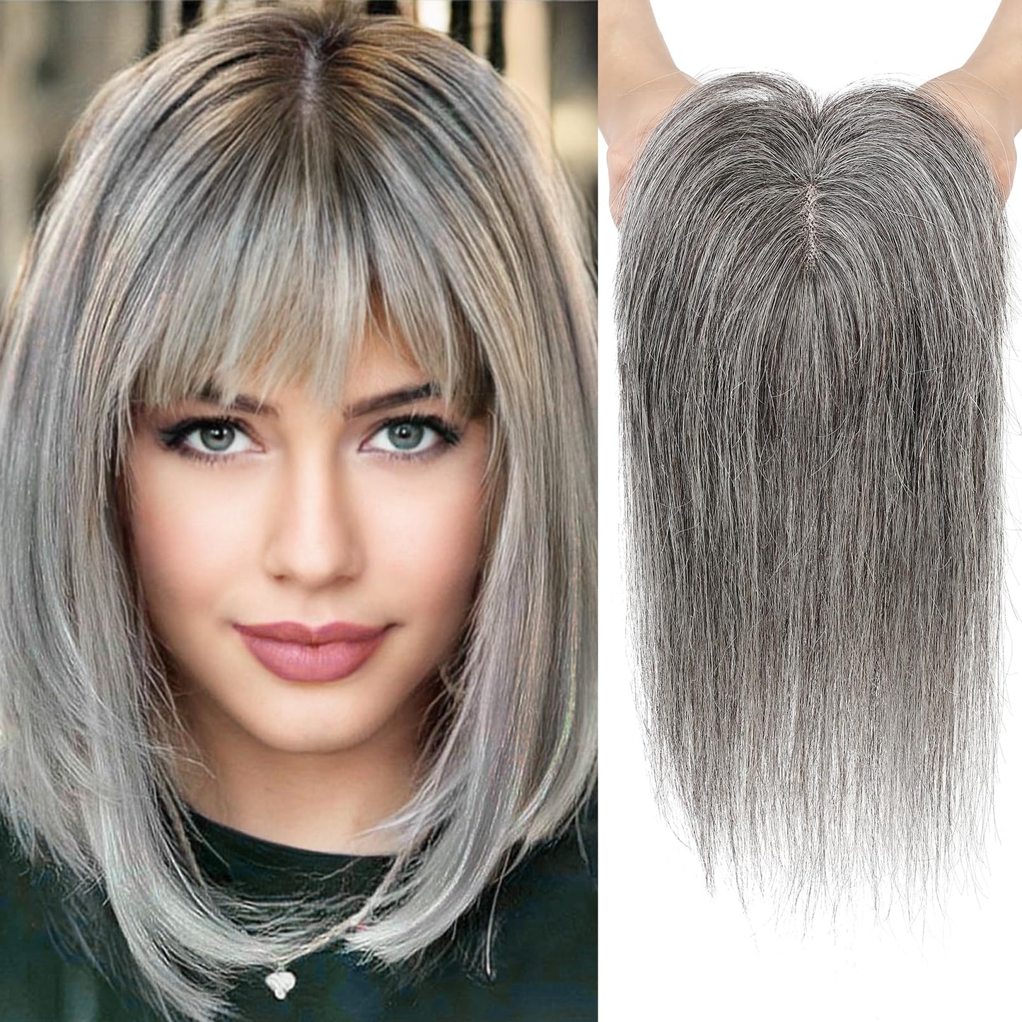 REECHO Hair Toppers for Women Real Human Hair, 10 inch Hair Toppers with Bangs, Hair Topper for Women with Thinning Hair, Grey
