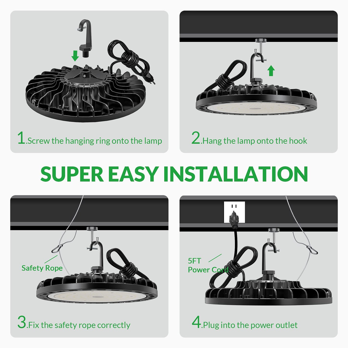 Flakeeper LED High Bay Light 150W, 22500 LM with US Plug 5ft Cable (150LM/W), 5000K Daylight, Waterproof, UFO Commercial Warehouse Workshop Factory Barn Garage Area Lighting Fixture, 2 Pack