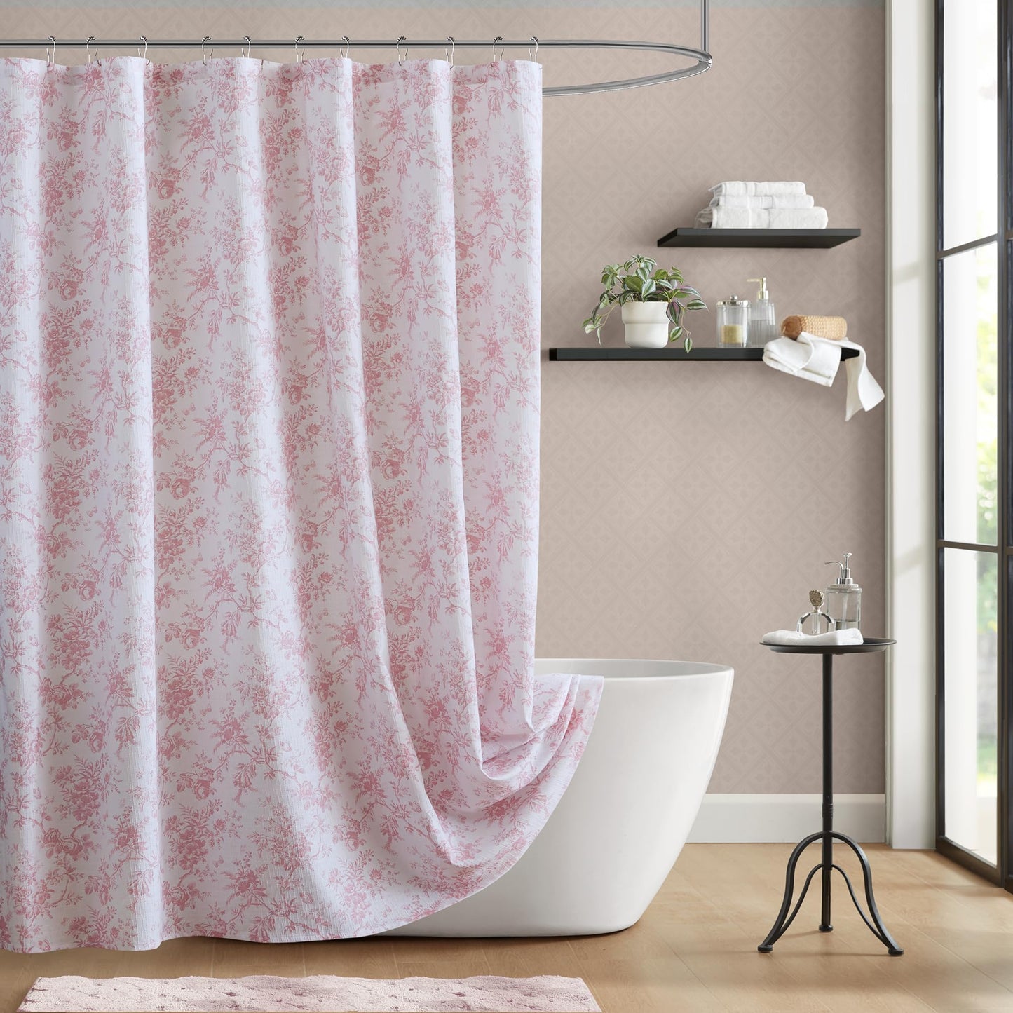 Laura Ashley Walled Garden Shower Curtain, Textured Cotton-Rich Slub Fabric, Tonal Floral Print, Elegant Transitional Bathroom Decor, Machine Washable 72"x72", Pink