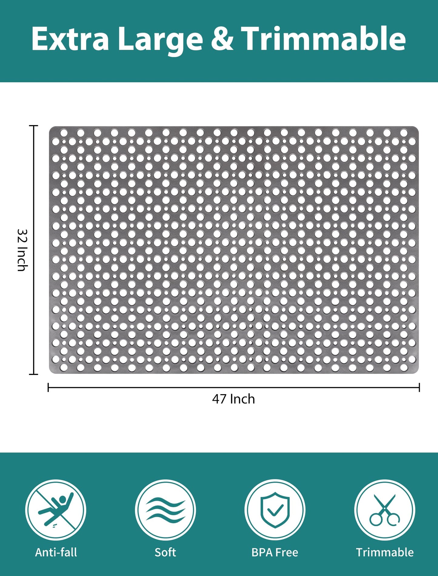 Extra Large Shower Mat, Yonala 47 x 32 Inch Non Slip Shower Mats for Inside Shower, Soft TPE Shower Floor Mat with Suction Cups and Drain Holes, Machine Washable Bathroom Shower Mat, Easy to Clean
