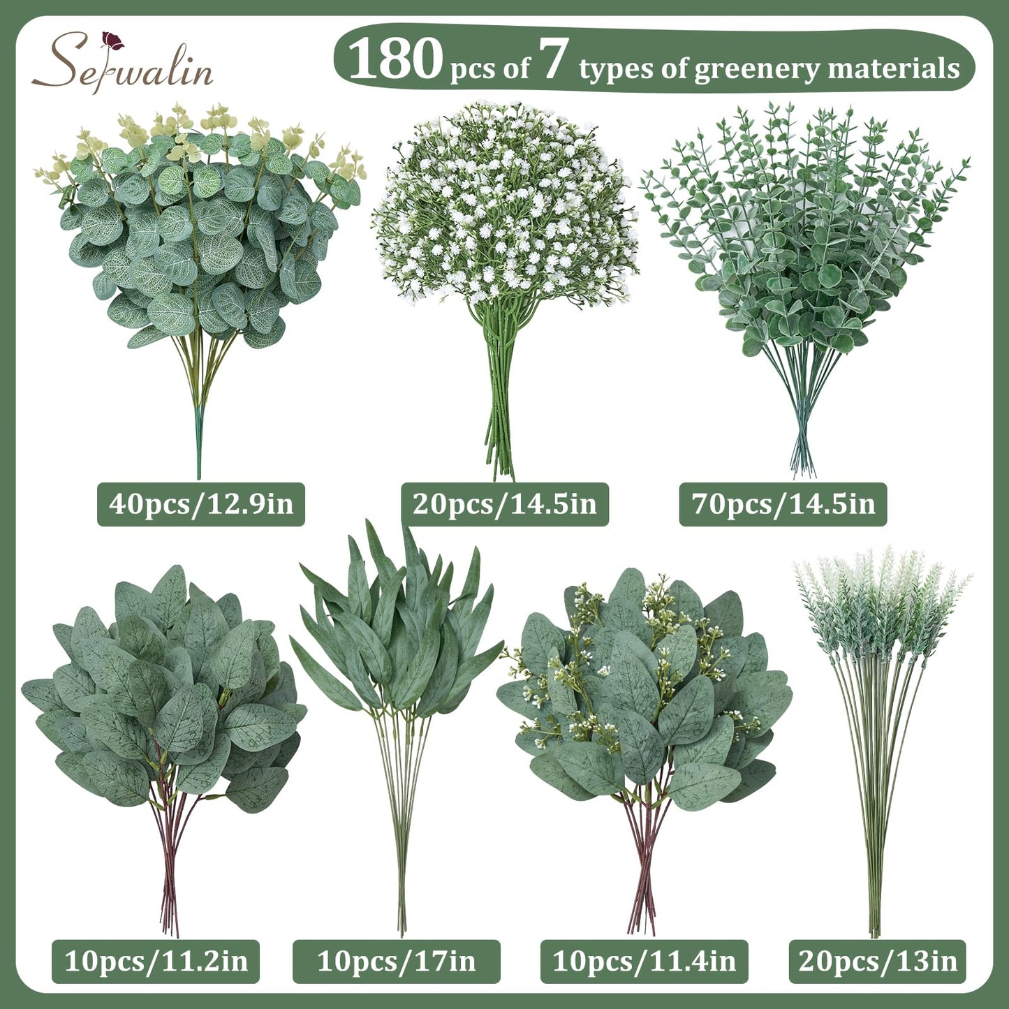 Serwalin 180 Pcs 7 Kinds Mixed Artificial Eucalyptus Greenery Stems Bulk, Baby Breath Flowers Artificial with Faux Leaves Picks for DIY Bouquets Wedding Floral Centerpieces Vase Table Home Decor