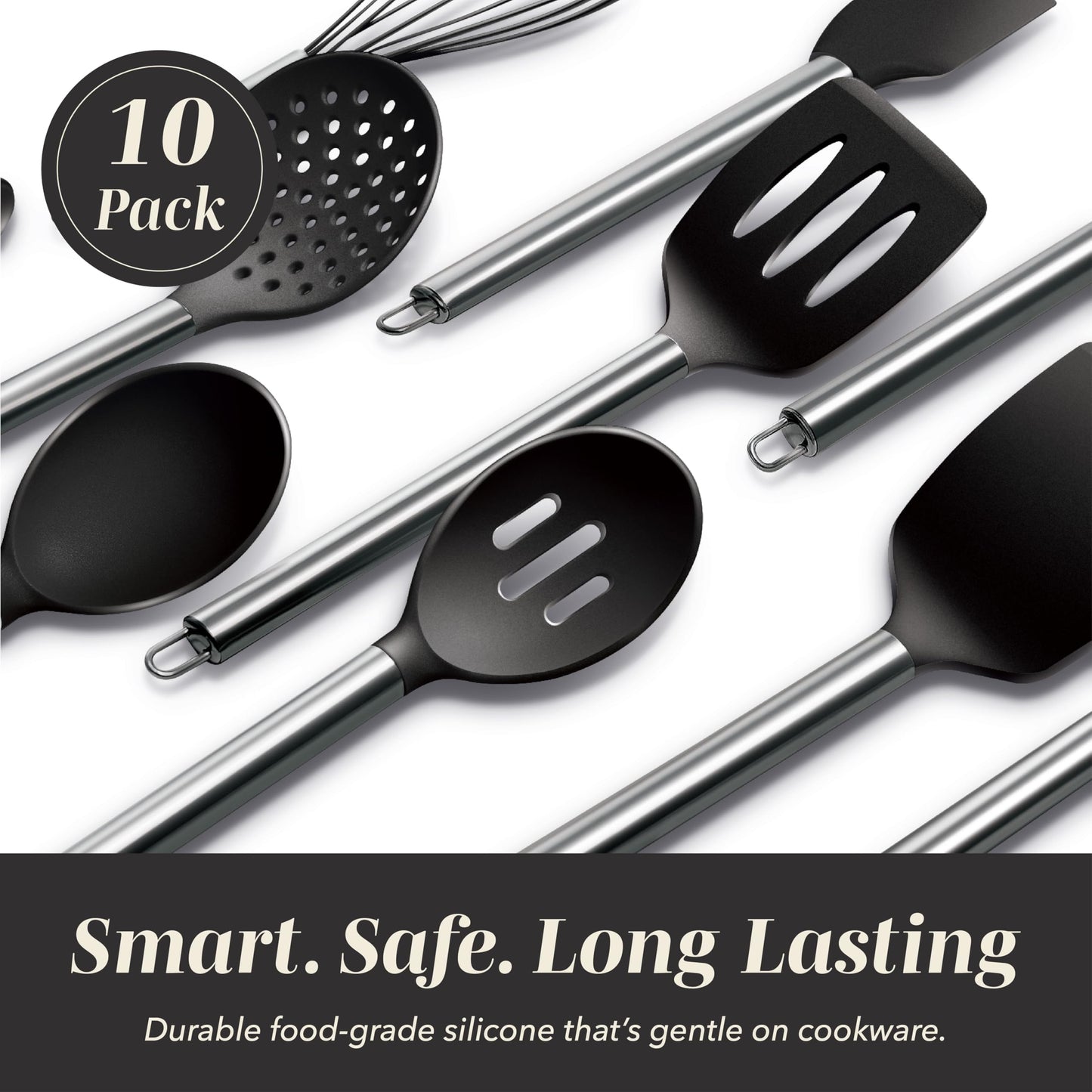 COOK WITH COLOR Silicone Cooking Utensils, Kitchen Utensil Set, Easy to Clean Silicone Kitchen Utensils, Cooking Utensils for Nonstick Cookware, Kitchen Gadgets Set, 10 Pieces, Black
