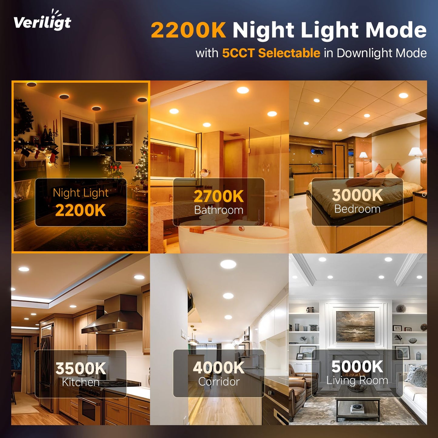 Veriligt 12 Pack 6 Inch LED Recessed Light with Night Light, 2700K/3000K/3500K/4000K/5000K 5CCT Ceiling Light, 1050LM 12W 120V, Dimmable Canless Wafer Downlight ETL&FCC, Energy Saving Star