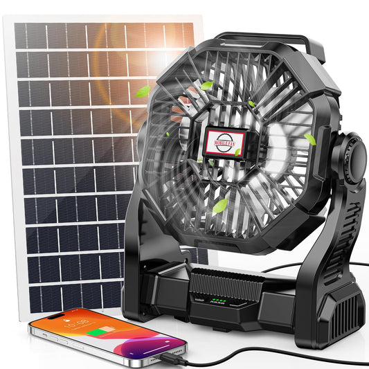30000mAh Solar Fan with LED Lantern, 10W Solar Panel Rechargeable Battery Powered Camping Fan for Outside, 9 Inch Portable Battery Operated Hurricane Supplies for Picnic, Barbecue, Fishing, Travel