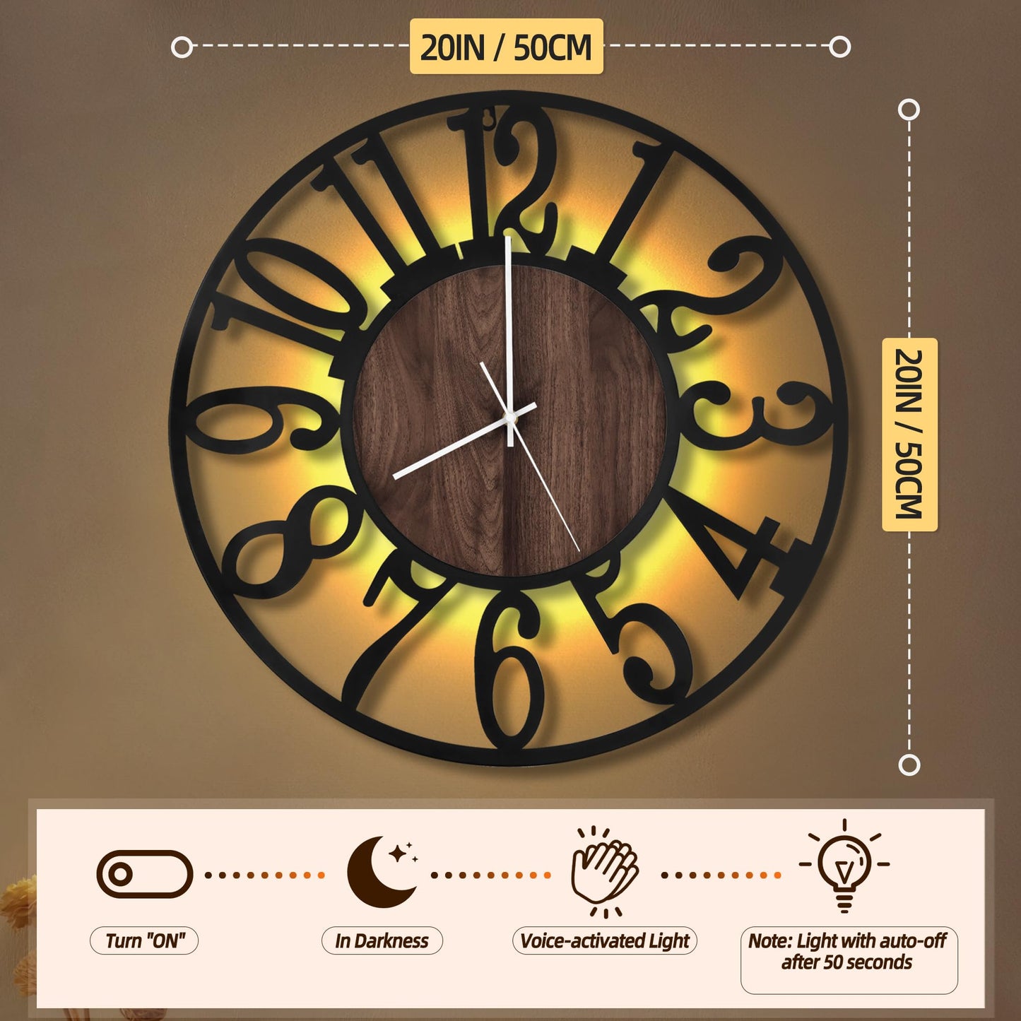 LEIKE Large LED Wall Clocks,Silent,Non Ticking,Battery Operated Rustic Round Modern Big Wood Wall Clock for Living Room, Bedroom,Kitchen,Farmhouse,Office,Home Decor -20" Black,LED,Arabic Number