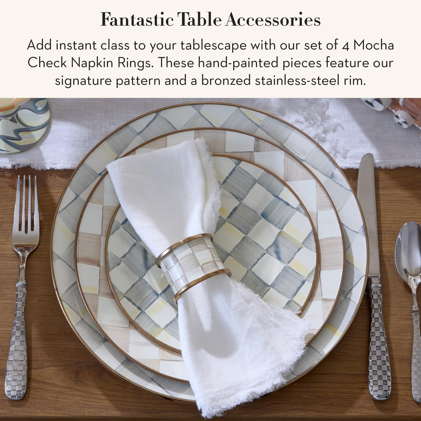 MACKENZIE-CHILDS Set of 4 Enamel Napkin Rings, Napkin-Holder Ring Set for Cloth Napkins, Brown-and-White Mocha Check