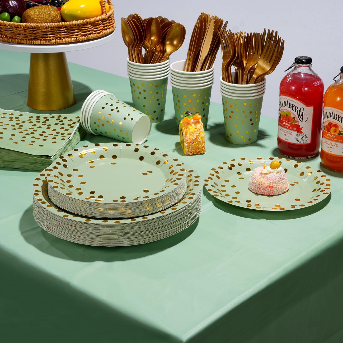 YIDAKO 350pcs Sage Green Paper Plates and Napkins Set, Disposable Sage Green and Gold Polka Dot Party Plates Cups For Baby Shower Birthday Wedding Party Supplies and Decorations, Serve 50