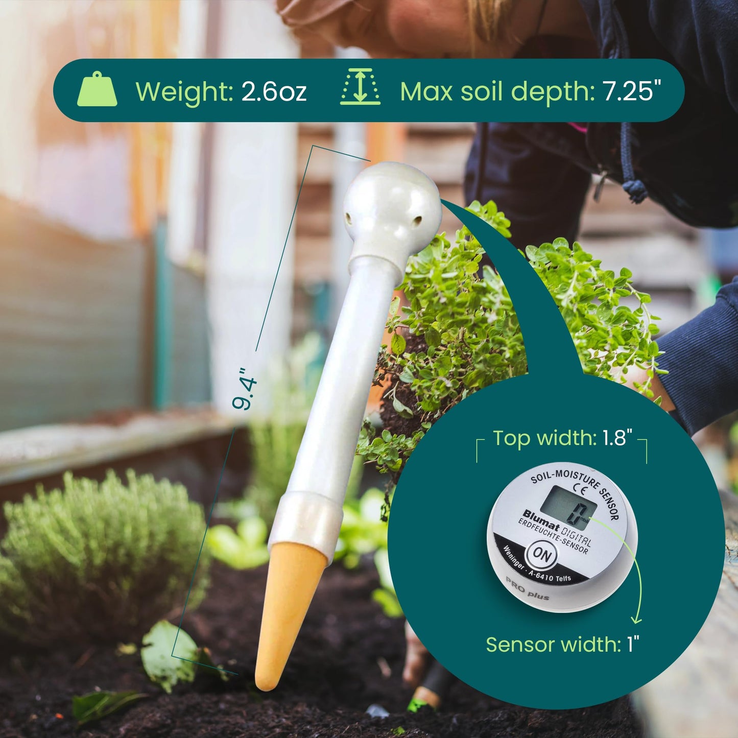 Blumat Moisture Meter for Plants - Accurate Soil Moisture Meter with Protective Cap to Prevent Water Damage - Easy to Use Advanced Water Meter for Gardening - 16"