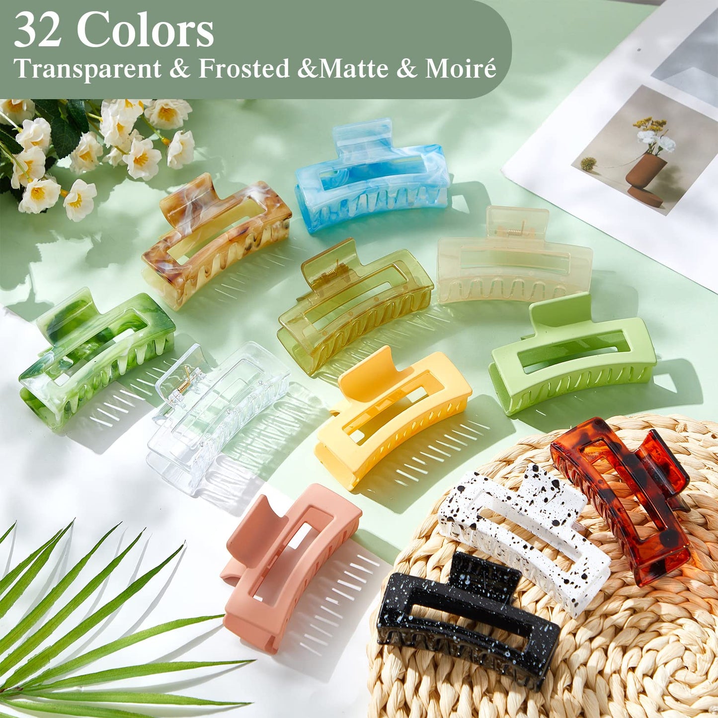 Cindeer 64 Pcs Medium Hair Accessories Set - Matte Rectangle Claw Clips, Thin Clamps for Thick Hair (Multicolor, 3.35 Inch)