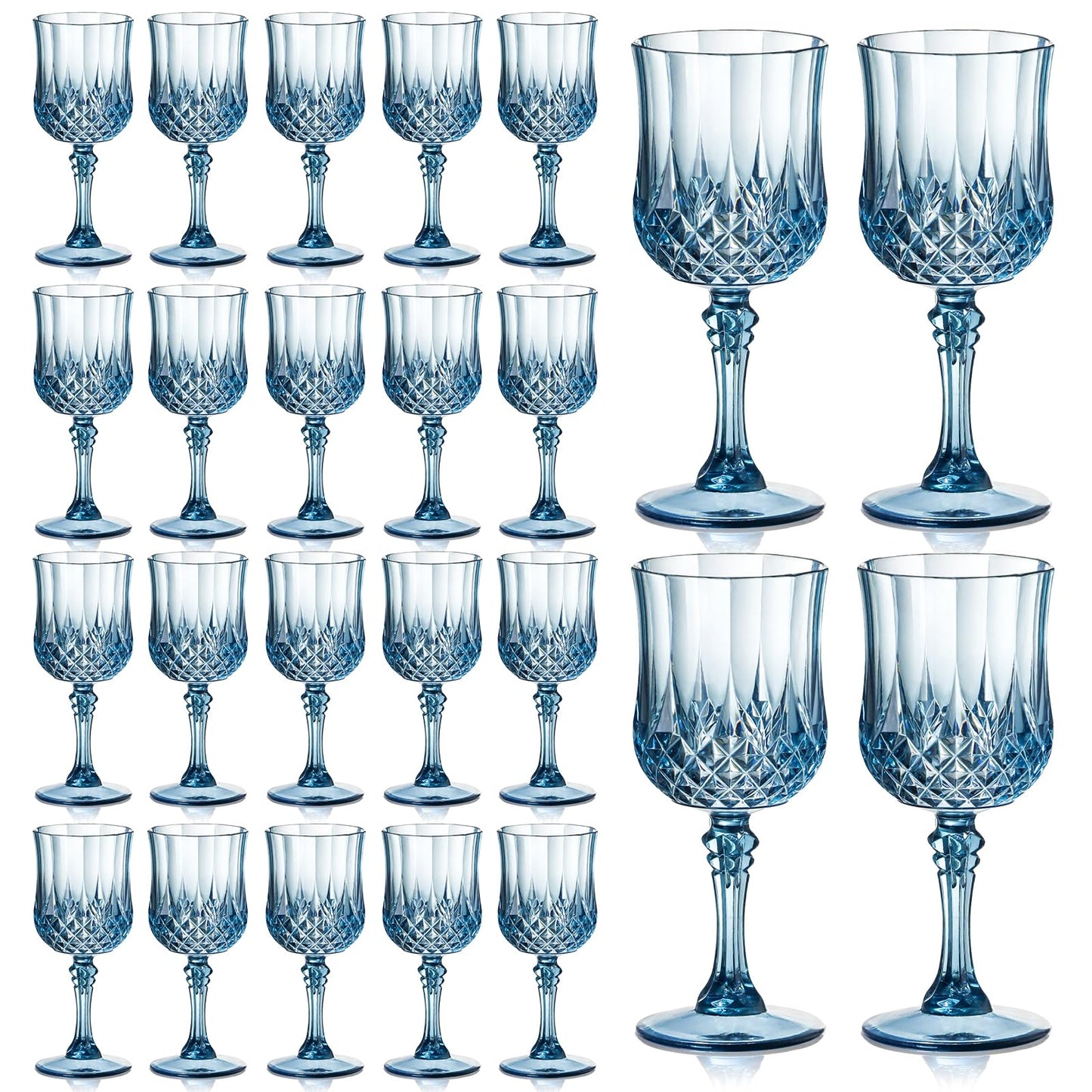 XUWAIDSGN 24 Pcs 7oz Plastic Vintage Wine Glasses Drinking Glasses Unbreakable Wedding Glassware Crystal Water Goblets Reusable Drinkware Vintage Champagne Flutes (24, Blue)