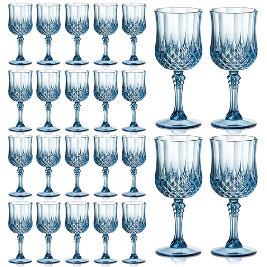 XUWAIDSGN 24 Pcs 7oz Plastic Vintage Wine Glasses Drinking Glasses Unbreakable Wedding Glassware Crystal Water Goblets Reusable Drinkware Vintage Champagne Flutes (24, Blue)