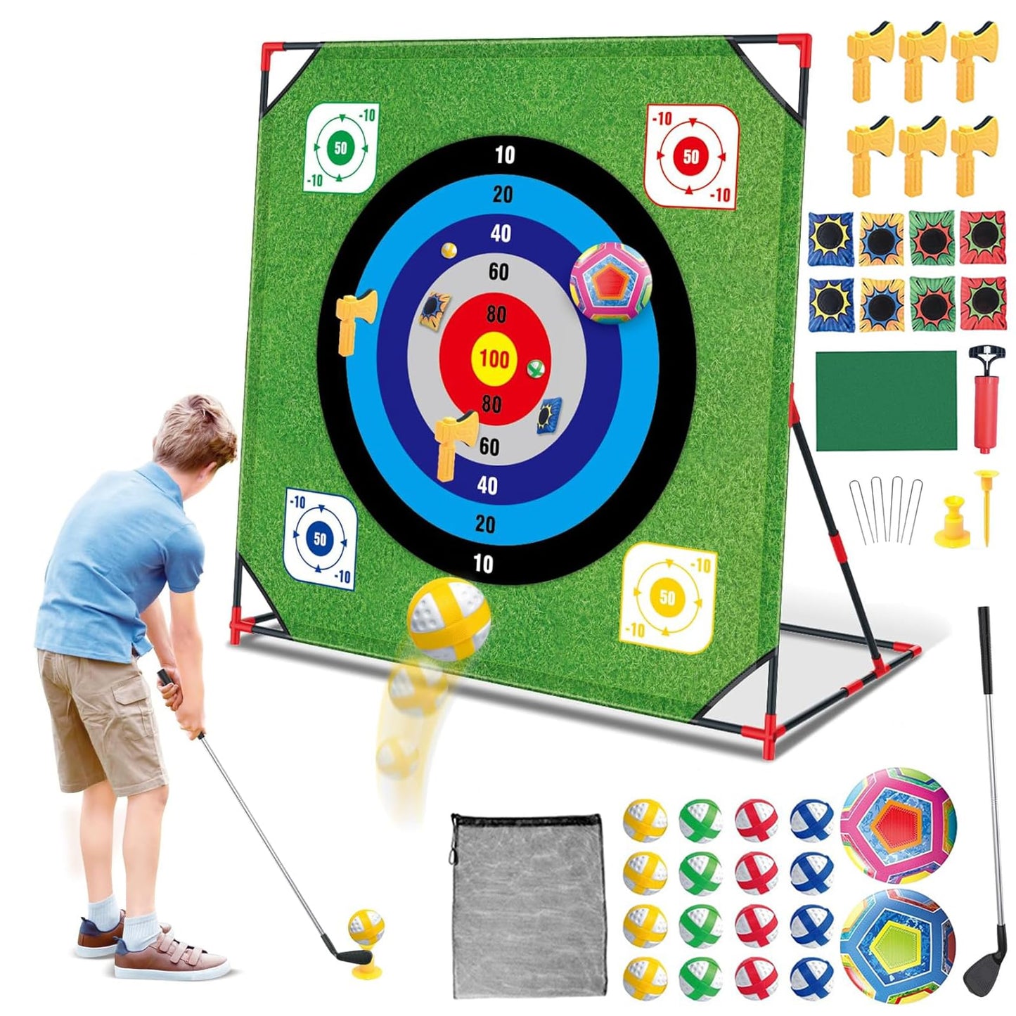 Yoyoom Golf Chipping Game with Stand, 4 in 1 Battle Golf Game with Putting Mat, 16 Sticky Balls, 8 Bean Bags, 6 Axes, 2 Soccer Balls, Indoor Outdoor Chip Sticky Practice Set for Teen & Adult