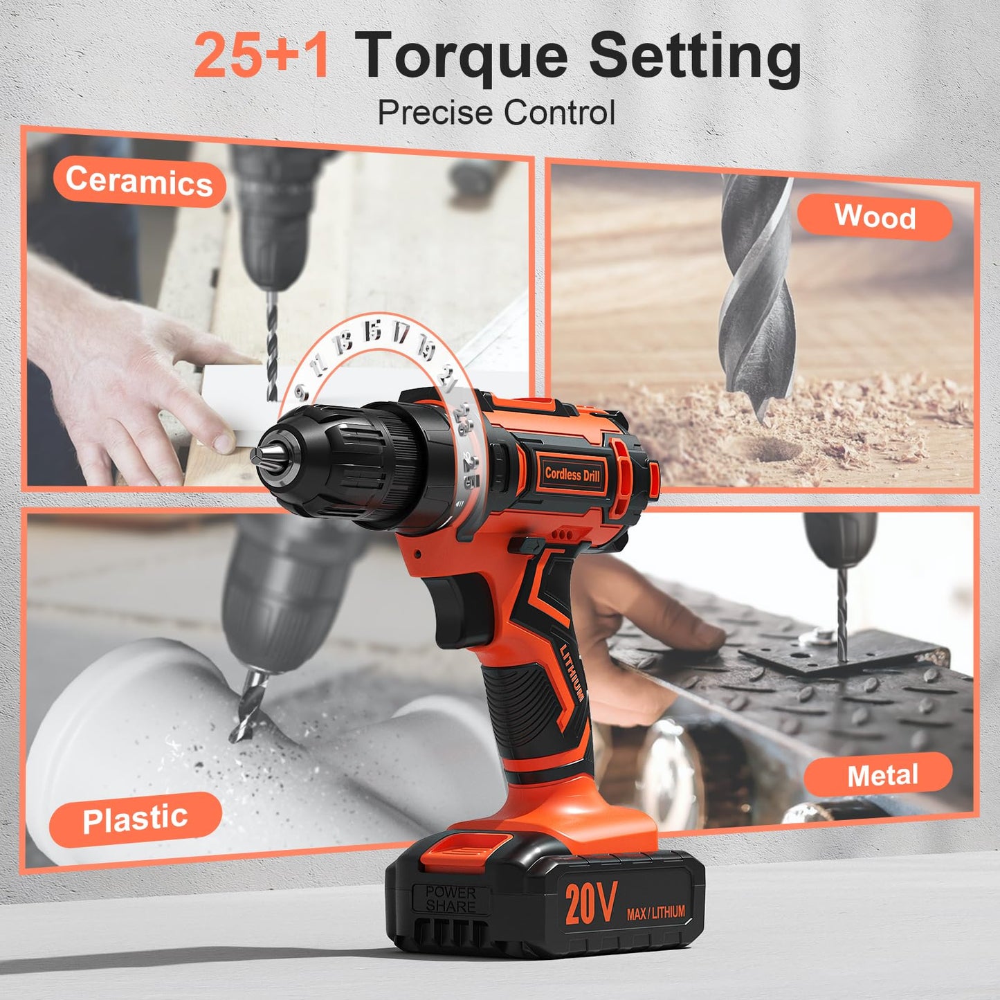Cordless Drill, 20V Power Drill, Double 2000mAh Power Pack Electric Drills, Cordless Drills with Power Pack and Charger, 3/8" Keyless Chuck Screwdriver with 25+1 Max 370 In-lb Torque, 42Pcs Bits