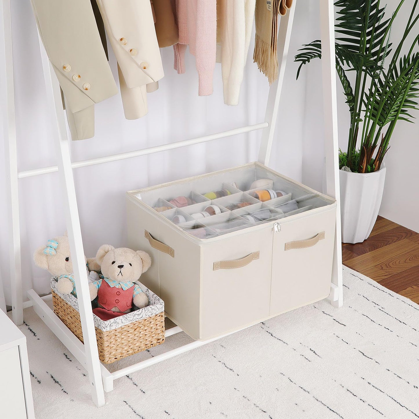 TOPIA HOME Shoe Organizer for Closet 2 Pack, Foldable Shoe Box with Adjustable Dividers and Clear Cover, Space Saving Shoe Storage Organizer Cabinet with Reinforced Handles, Fits 32 Pairs Beige TP12Y