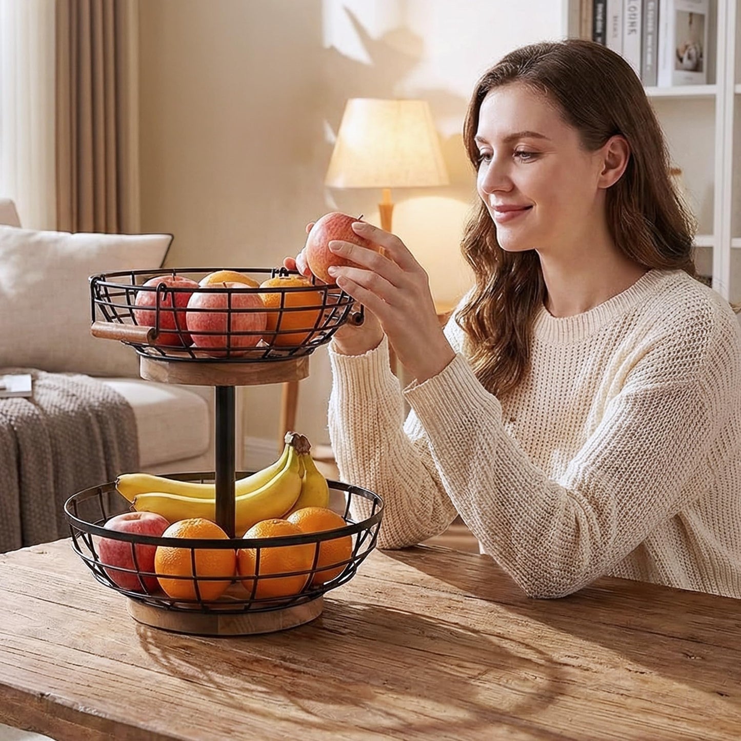 MILENTII 2 Tier Fruit Basket with Banana Hanger, Metal Fruit Bowl Stand with Wooden Base, Kitchen Counter Fruit Organizer for Vegetables, Bread, Snacks Storage Basket