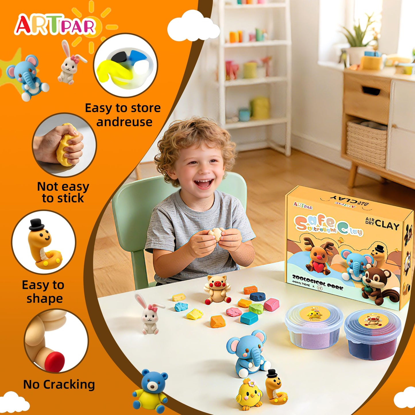 ARTPAR Air Dry Clay Kits for Kids-Modeling Magic Clay,12 Animals DIY Molding Clay Art Crafts Set,Ultra Light & Soft, Safe & Non-Toxic with Sculpting Tools & Tutorials, Unique Gifts for Boys & Girls